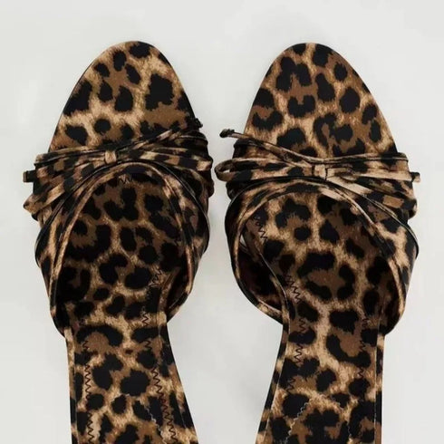 Elegant Leopard Print Bow Knot High Heel Mules for Women